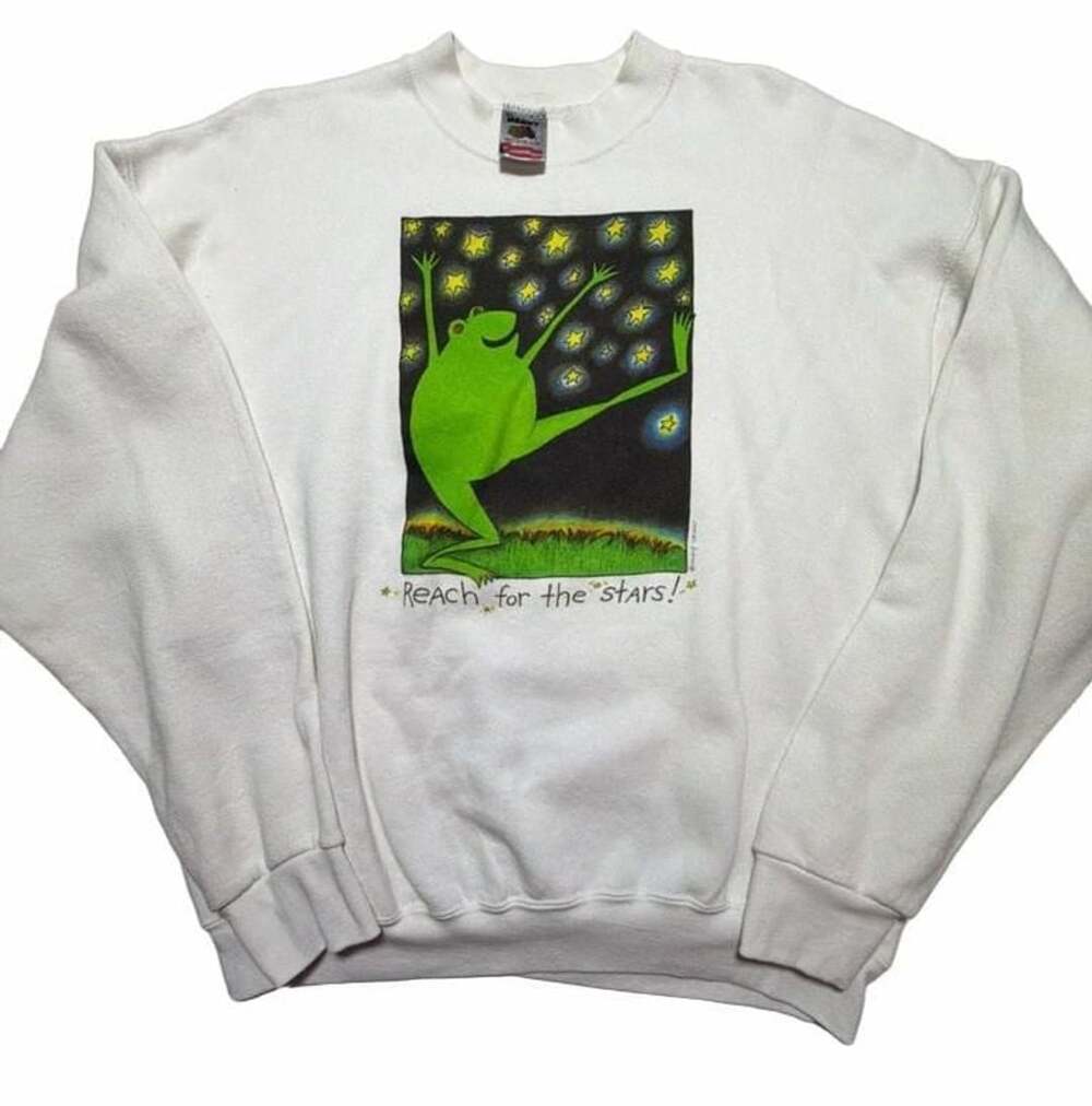 Vintage Nancy Carlson Reach For The Stars Frog White Crewneck Sweatshirt XL